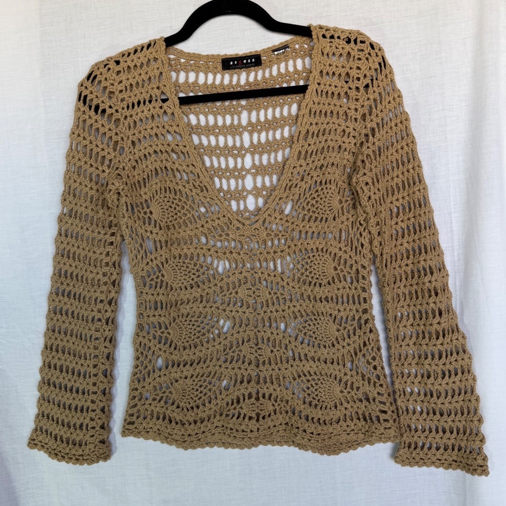 Crochet Sweater Tan Cottagecore Festival V-Neck Boho Long Sleeve Axcess Small